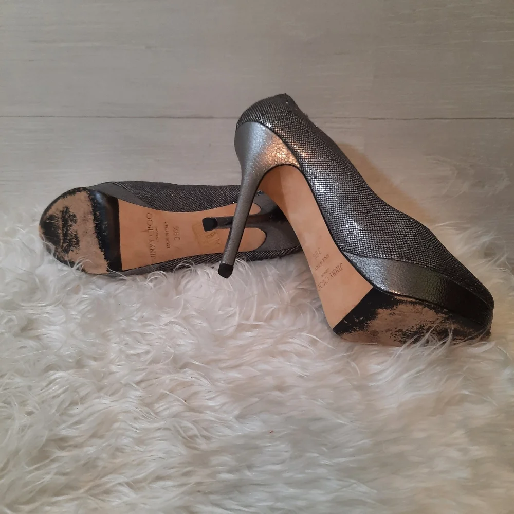 Jimmy Choo Silver black shimmer Platform heels sz 38.5 8.5 Italy - Picture 3 of 11